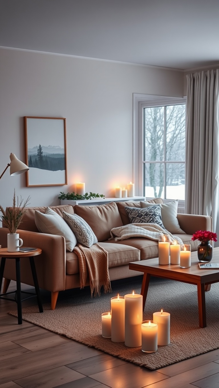 25 Cozy and Chic Ideas for Your Nordic Living Room - 14. Light Up with Candles: Add Warmth