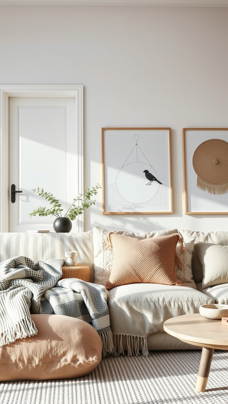 25 Cozy and Chic Ideas for Your Nordic Living Room - 2. Layer with Textiles: Soft Throws and Cushions