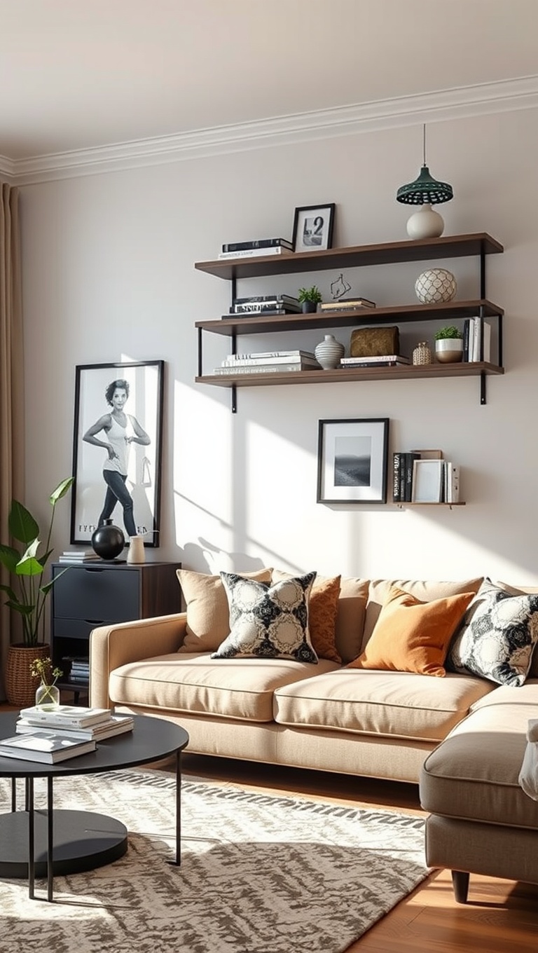 25 Chic Ideas for an Organized Living Room You'll Love - 6. Utilize Floating Shelves