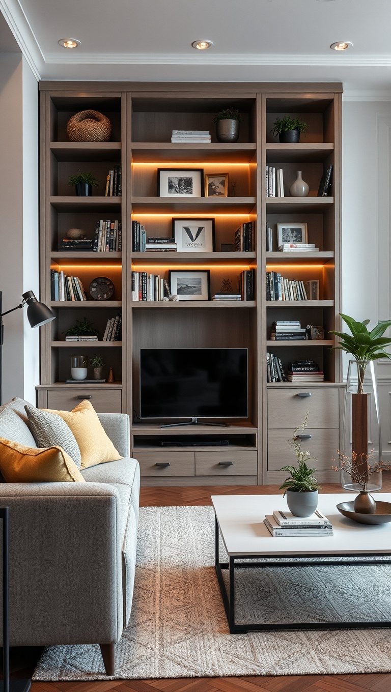 25 Chic Ideas for an Organized Living Room You'll Love - Incorporate Built-In Shelving