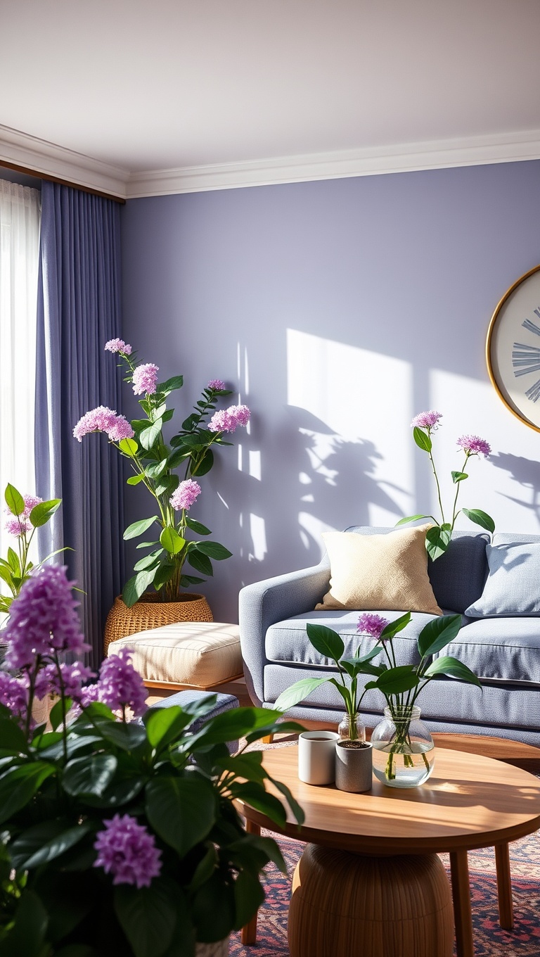 25 Periwinkle Living Room Ideas to Brighten Your Home - 16. Decorate with Periwinkle Plants and Flowers