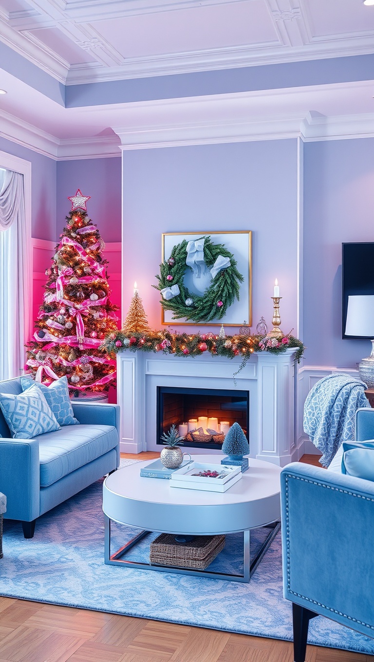25 Periwinkle Living Room Ideas to Brighten Your Home - 21. Create a Periwinkle-Themed Holiday Decor
