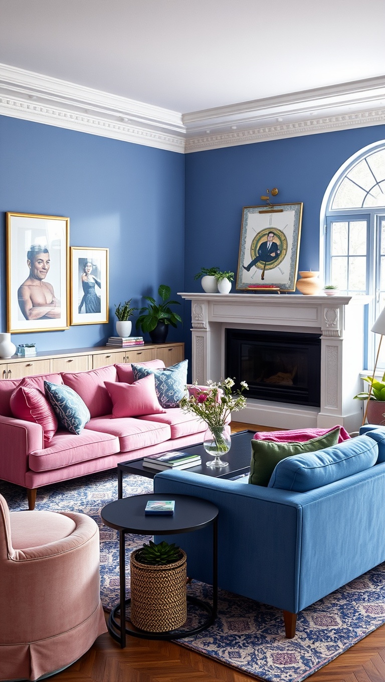 25 Periwinkle Living Room Ideas to Brighten Your Home - 14. Mix Periwinkle with Bold Colors