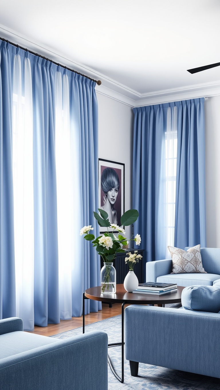 25 Periwinkle Living Room Ideas to Brighten Your Home - 9. Incorporate Periwinkle Curtains