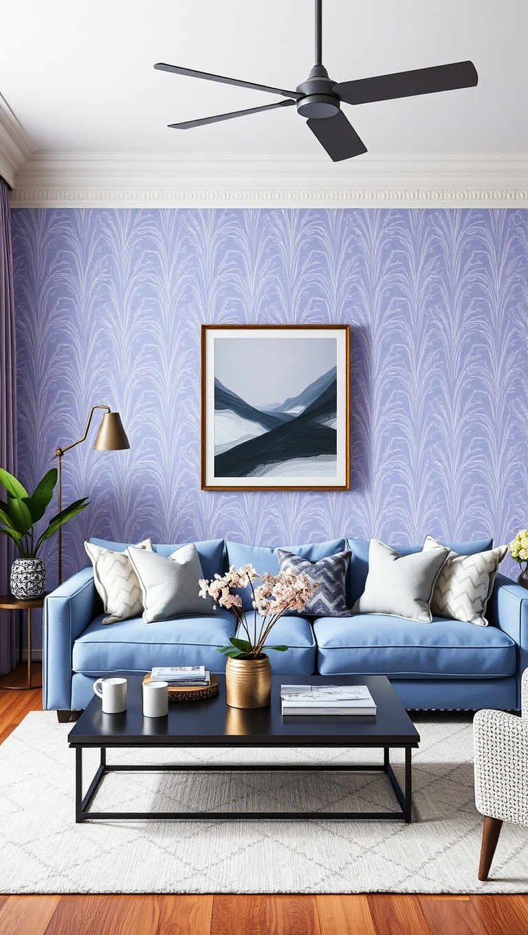 25 Periwinkle Living Room Ideas to Brighten Your Home - 22. Add Periwinkle Wallpaper for a Fun Accent