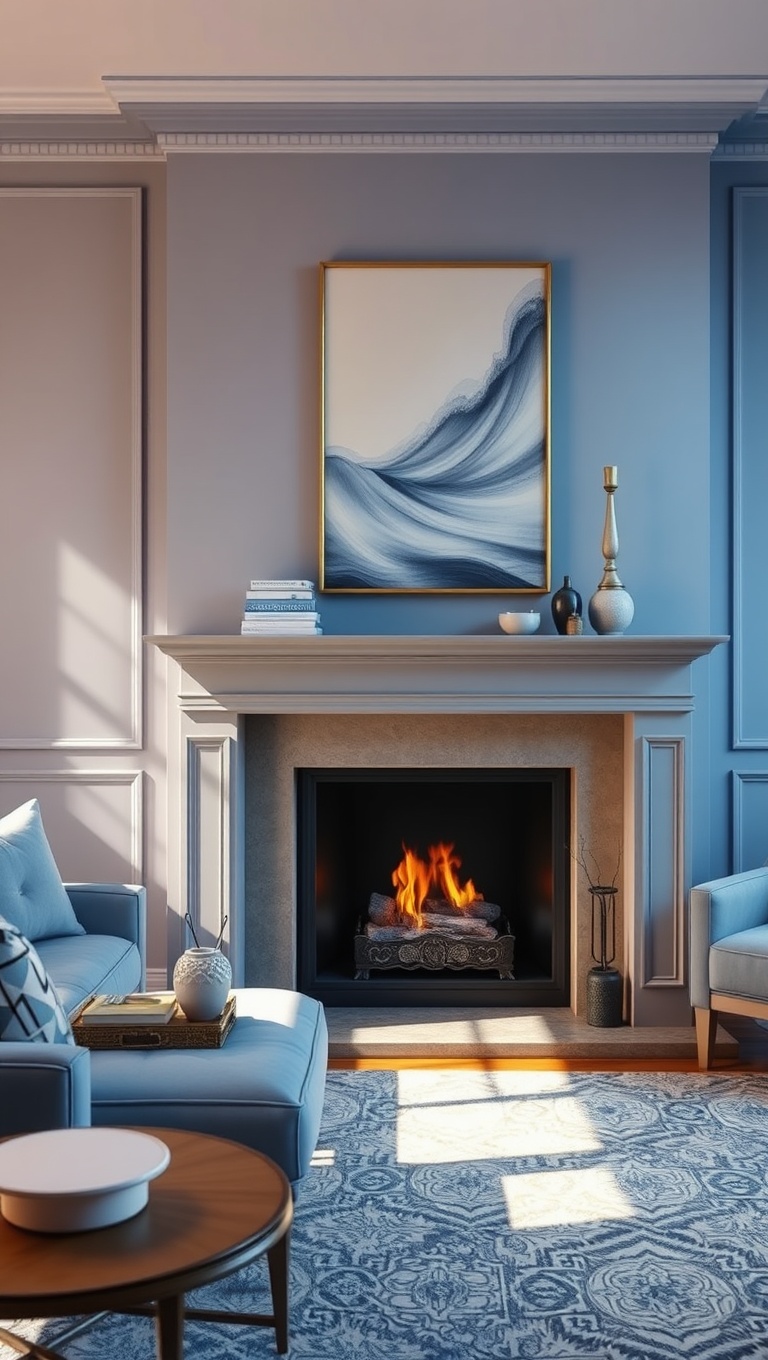 25 Periwinkle Living Room Ideas to Brighten Your Home - 23. Style a Periwinkle Fireplace Mantle