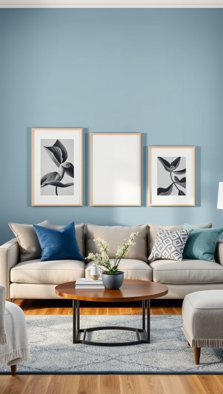 25 Periwinkle Living Room Ideas to Brighten Your Home - 8. Create a Gallery Wall with Periwinkle Frames