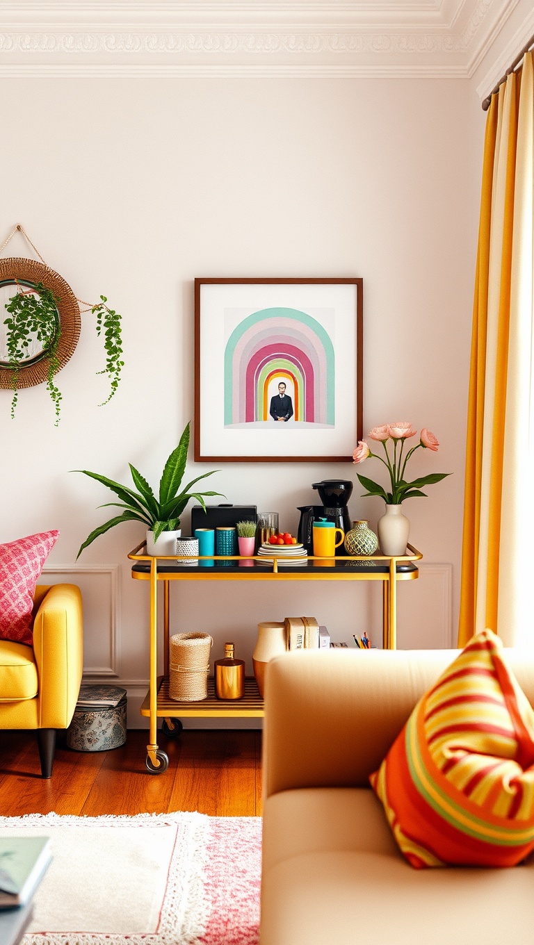 25 Vibrant Ideas for a Rainbow Living Room - 23. A Colorful Coffee Station or Bar Cart
