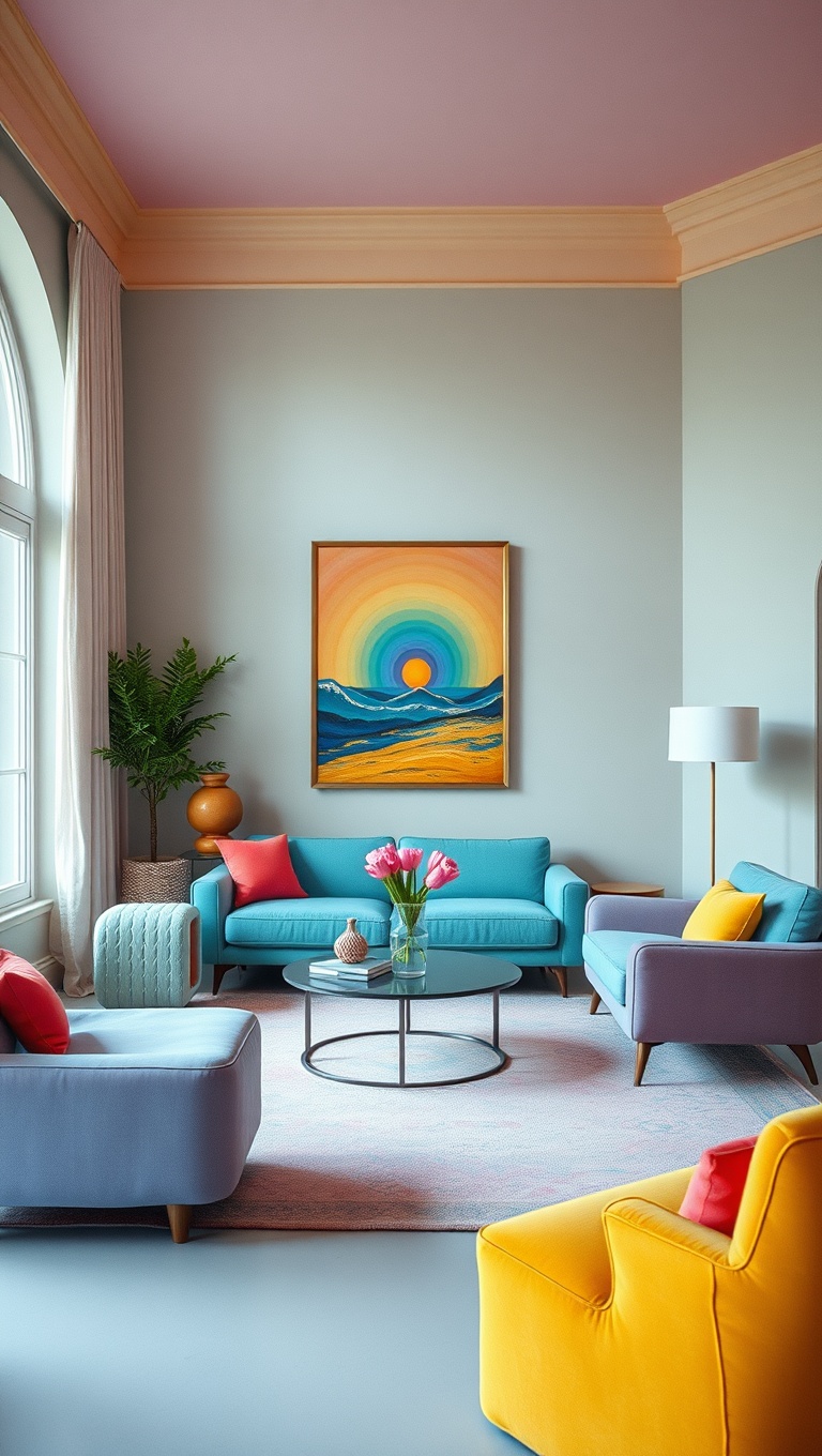 25 Vibrant Ideas for a Rainbow Living Room - 22. Bright Statement Furniture Pieces