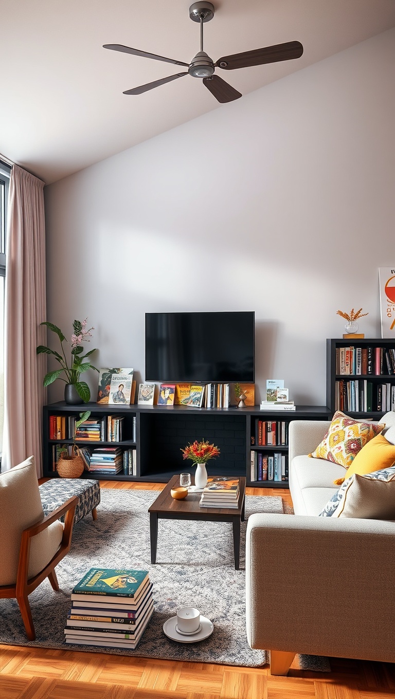 25 Vibrant Ideas for a Rainbow Living Room - 25. A Rainbow of Books and Magazines Displayed Beautifully