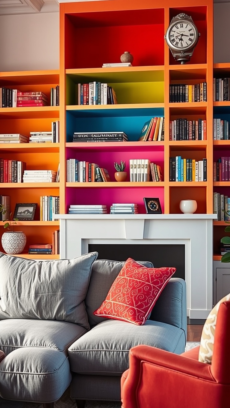 25 Vibrant Ideas for a Rainbow Living Room - 10. Brightly Colored Bookshelves