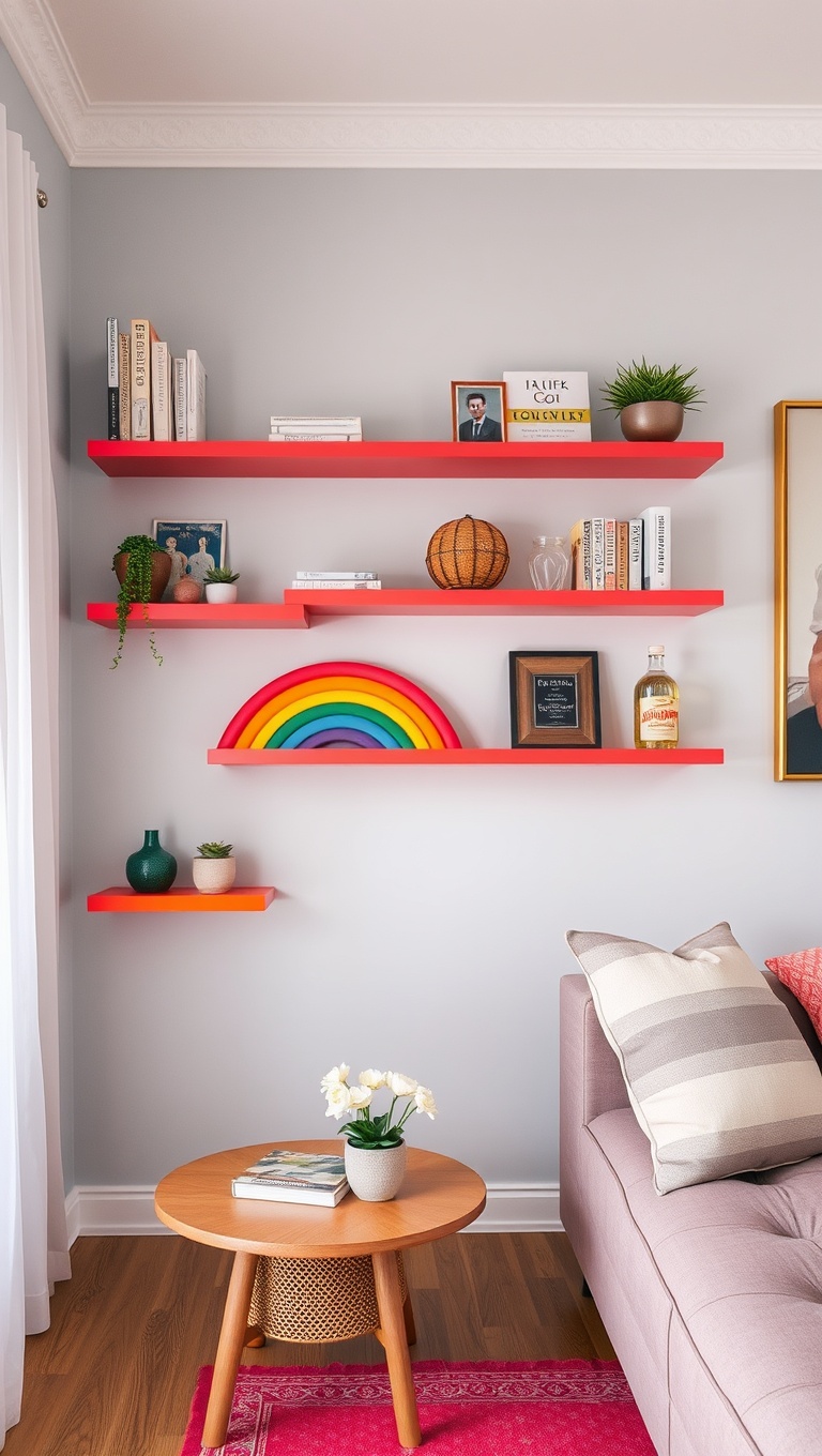 25 Vibrant Ideas for a Rainbow Living Room - 7. DIY Rainbow Shelves for Storage and Style