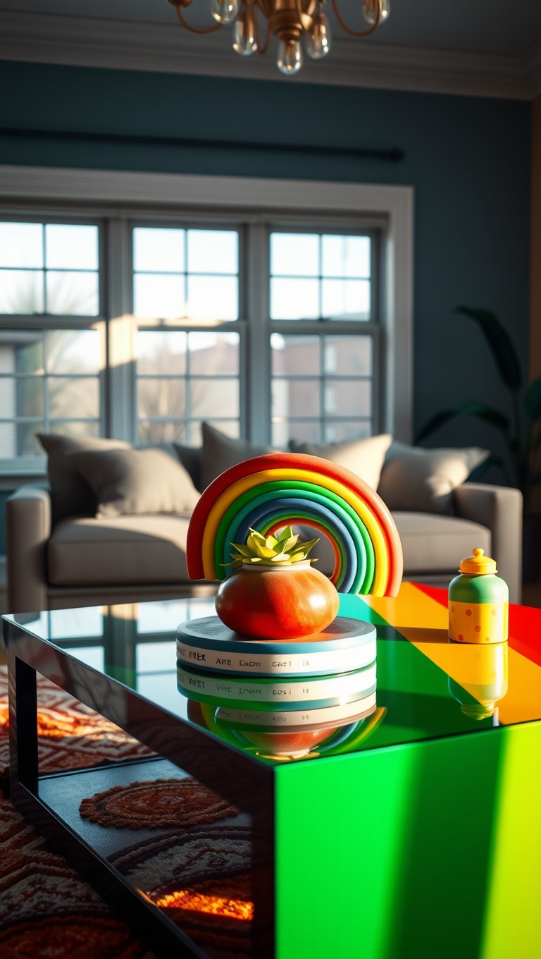 25 Vibrant Ideas for a Rainbow Living Room - 11. Rainbow-Themed Coffee Table Decor