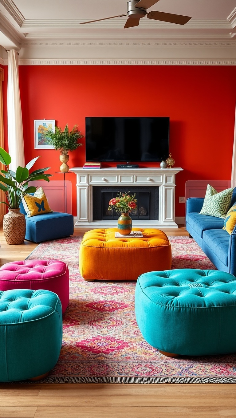 25 Vibrant Ideas for a Rainbow Living Room - 15. Colorful Ottomans for Extra Seating