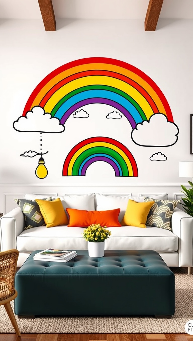 25 Vibrant Ideas for a Rainbow Living Room - 9. Whimsical Wall Decals for Fun