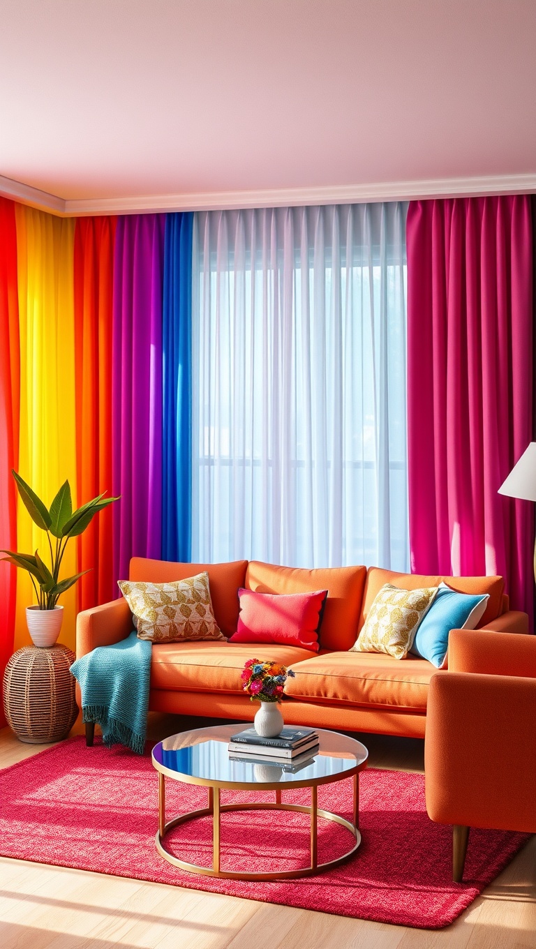 25 Vibrant Ideas for a Rainbow Living Room - 6. Vibrant Curtains that Pop