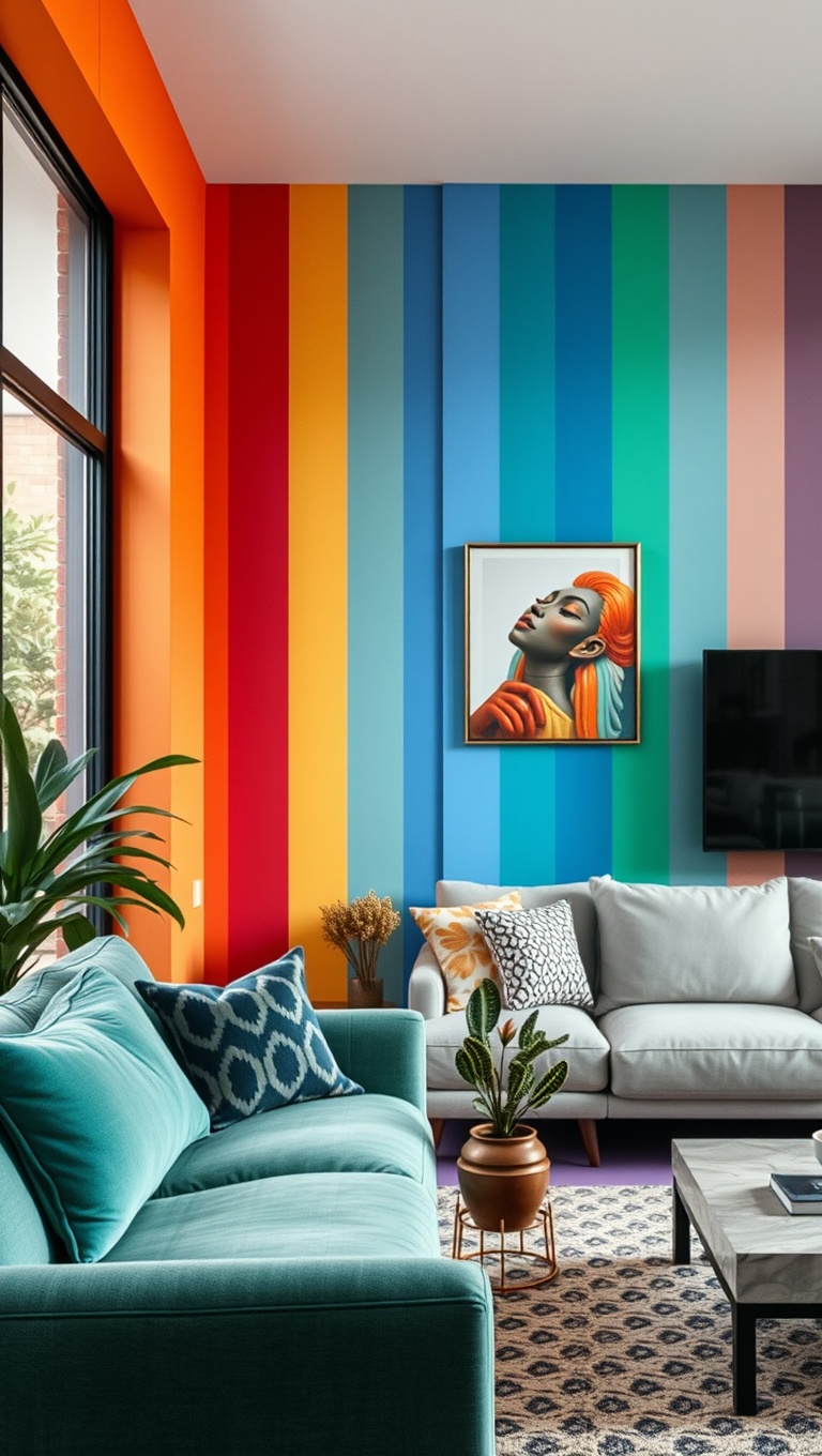 25 Vibrant Ideas for a Rainbow Living Room - 1. Bright and Bold Accent Walls