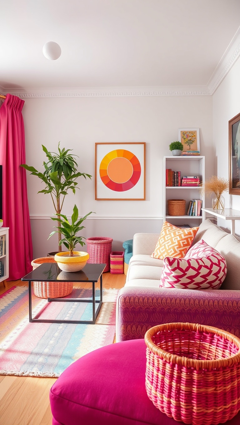 25 Vibrant Ideas for a Rainbow Living Room - 17. Bright Baskets for Storage Solutions