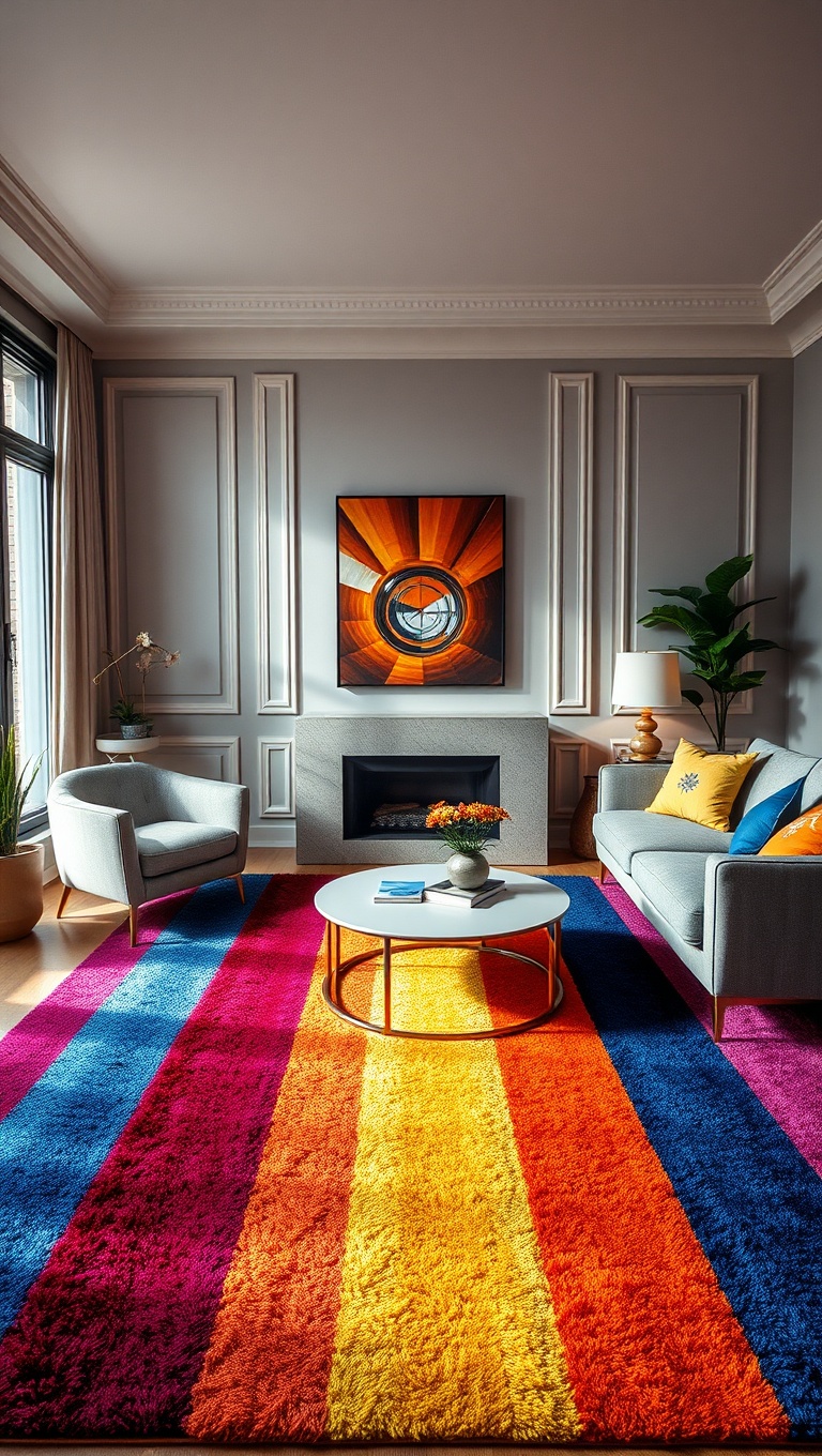 25 Vibrant Ideas for a Rainbow Living Room - 4. A Multi-Colored Area Rug