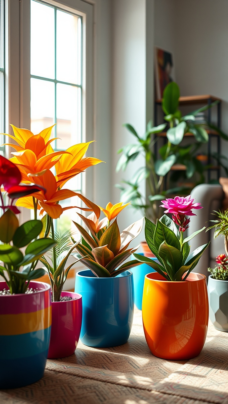 25 Vibrant Ideas for a Rainbow Living Room - 12. Colorful Plants in Fun Pots
