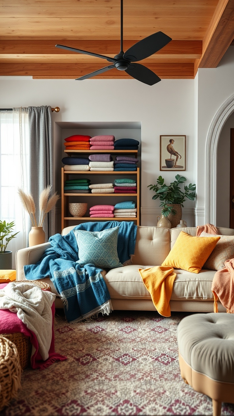 25 Vibrant Ideas for a Rainbow Living Room - 18. Multi-Hued Throw Blankets for Comfort
