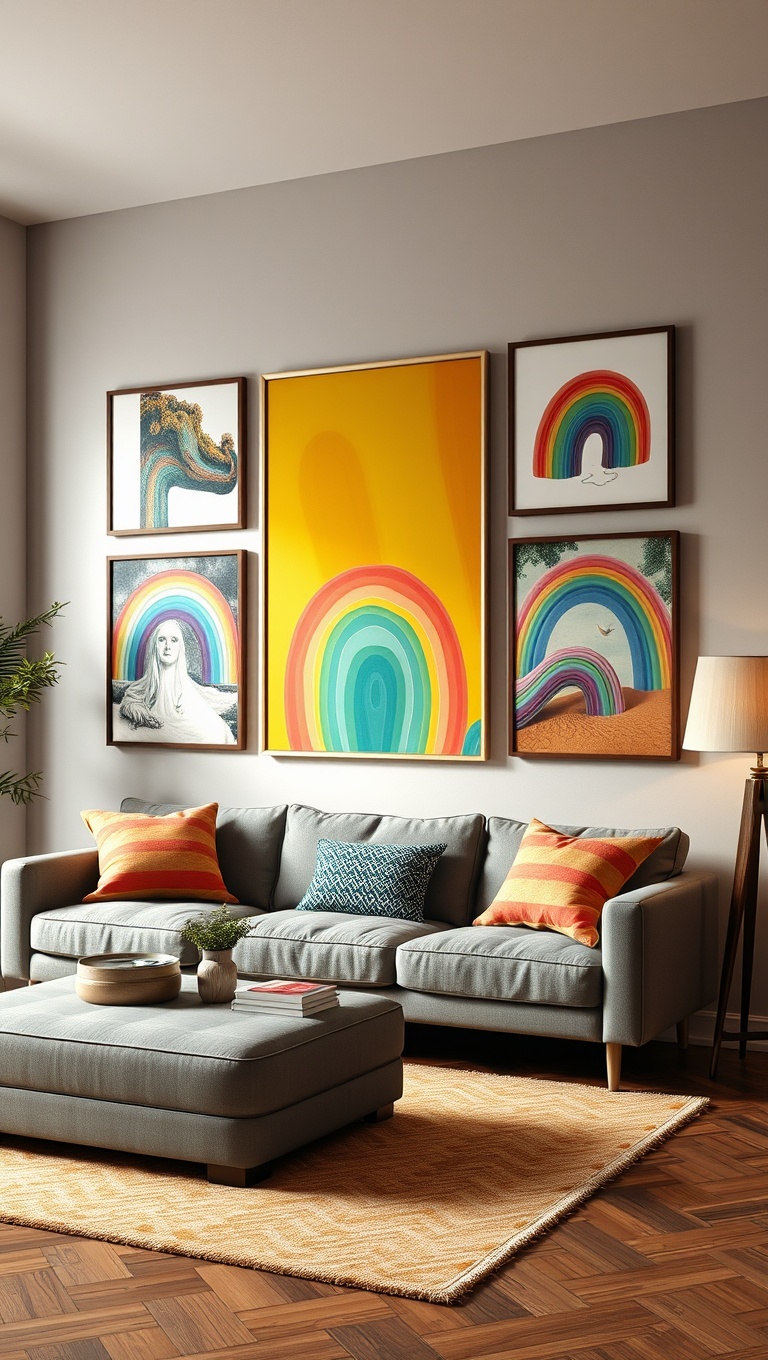 25 Vibrant Ideas for a Rainbow Living Room - 20. Rainbow-Inspired Wall Art Collections