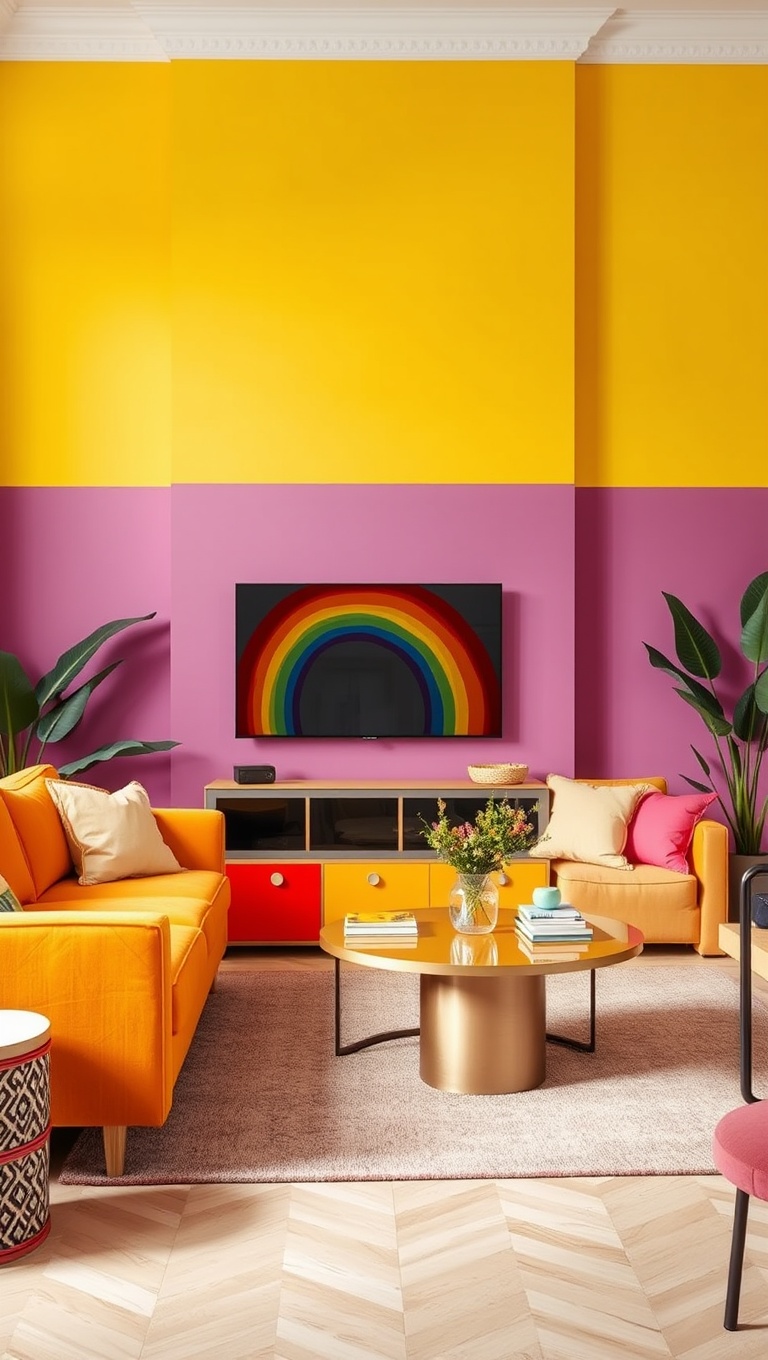 25 Vibrant Ideas for a Rainbow Living Room - 2. Rainbow Color-Blocked Furniture