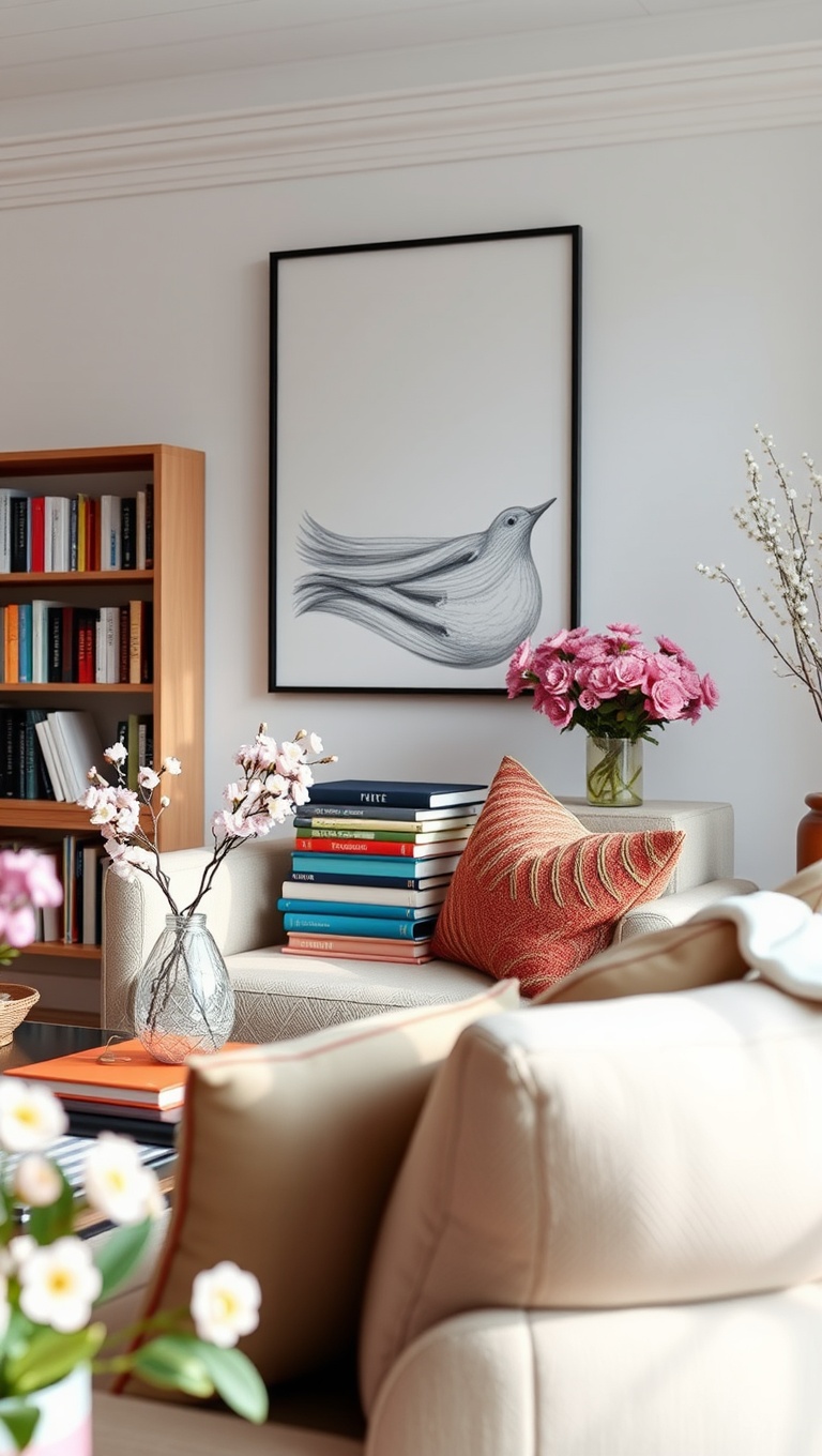 25 Cheerful Ideas to Refresh Your Living Room for Spring - 23. Display a Collection of Colorful Books