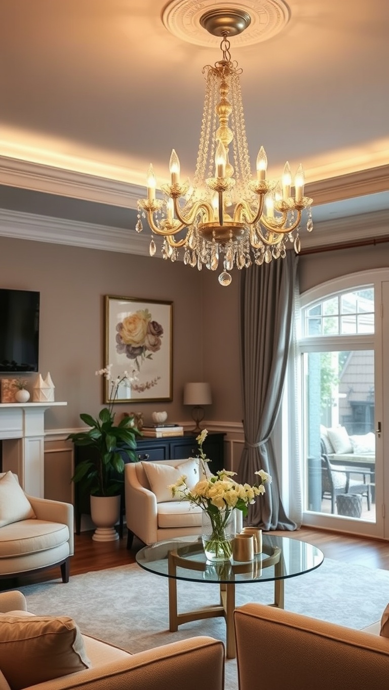 25 Cheerful Ideas to Refresh Your Living Room for Spring - 11. Hang a Dreamy Chandelier with Crystal Accents