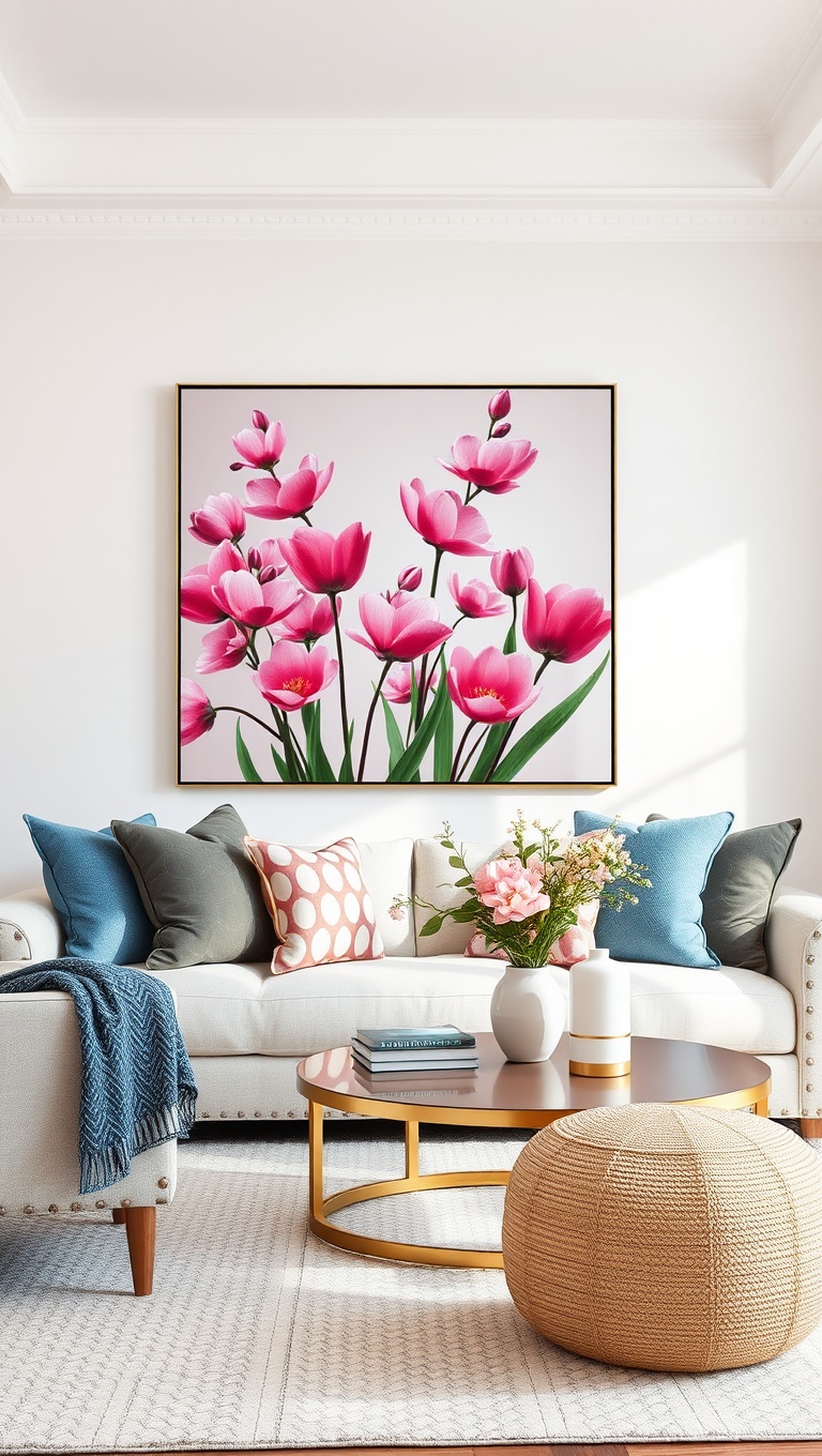 25 Cheerful Ideas to Refresh Your Living Room for Spring - 18. Showcase a Statement Piece of Spring Art