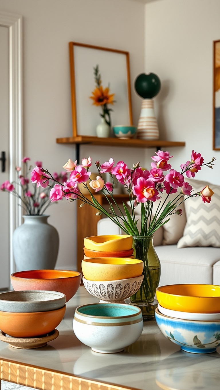 25 Cheerful Ideas to Refresh Your Living Room for Spring - 9. Display Colorful Ceramic Bowls for a Fun Accent
