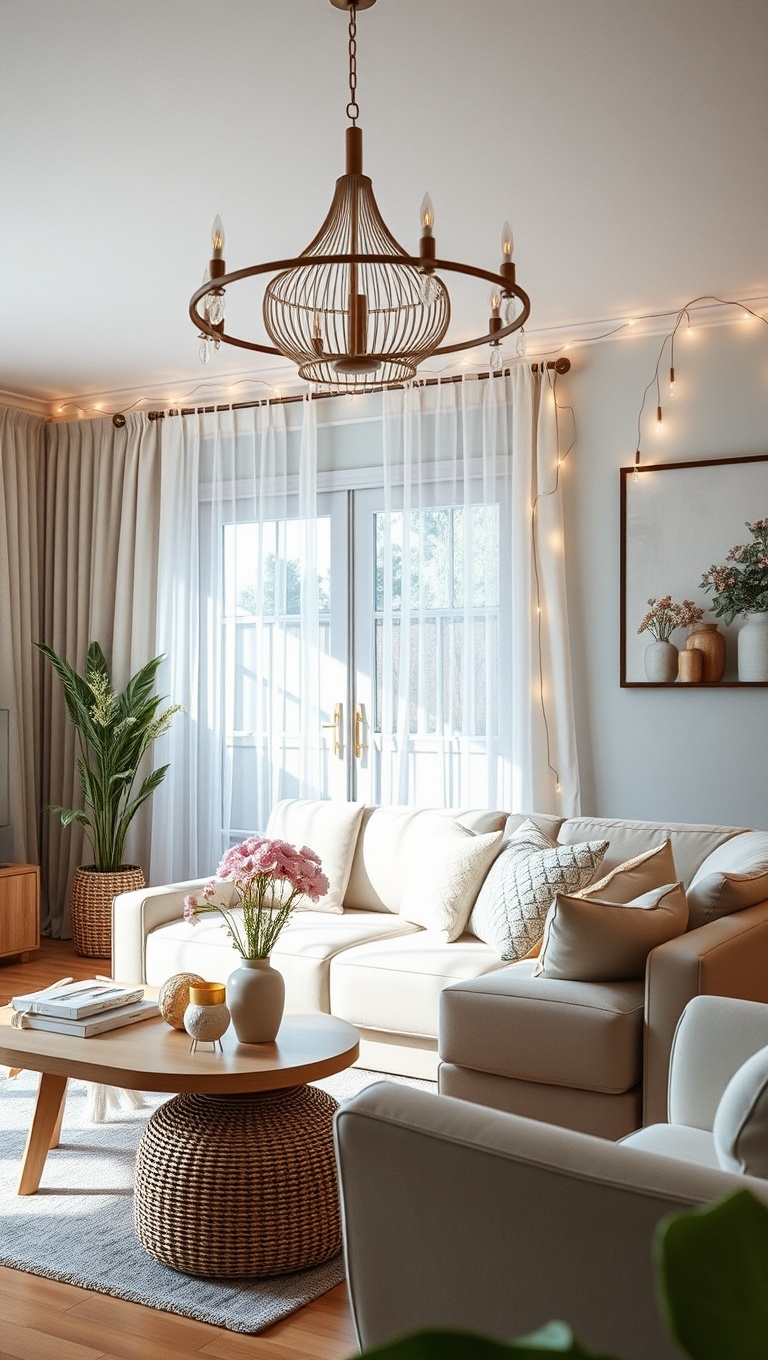 25 Cheerful Ideas to Refresh Your Living Room for Spring - 14. Bring in Soft Lighting with Fairy Lights