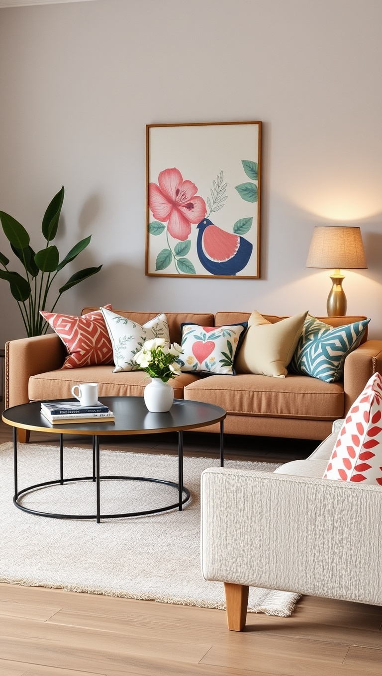 25 Cheerful Ideas to Refresh Your Living Room for Spring - 12. Mix and Match Patterns with Fun Cushions