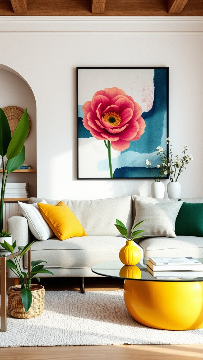 25 Fresh and Fun Ideas to Springify Your Living Room - 9. Decorate with Colorful Artwork