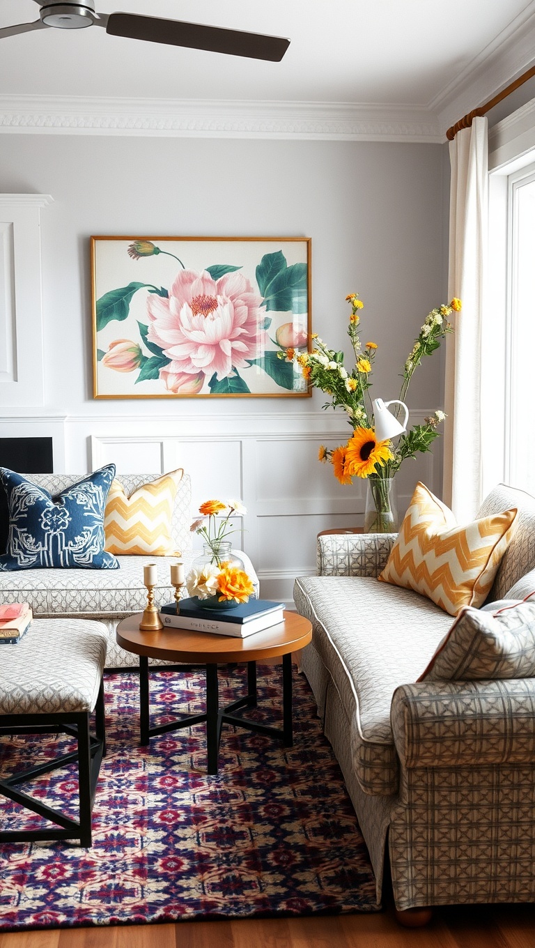 25 Fresh and Fun Ideas to Springify Your Living Room - 21. Mix Patterns with Bold Cushions
