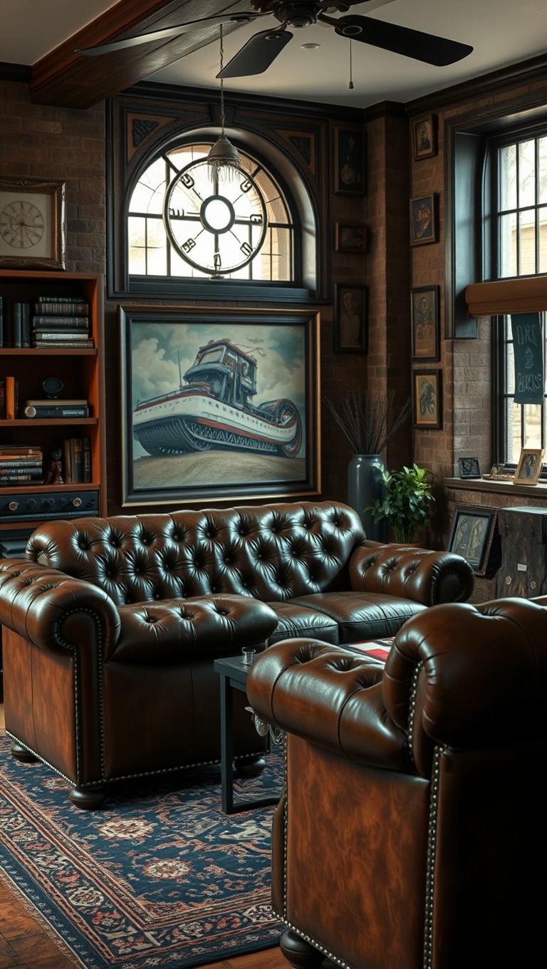25 Whimsical Ideas to Steampunk Your Living Room - 2. Vintage Leather Furniture