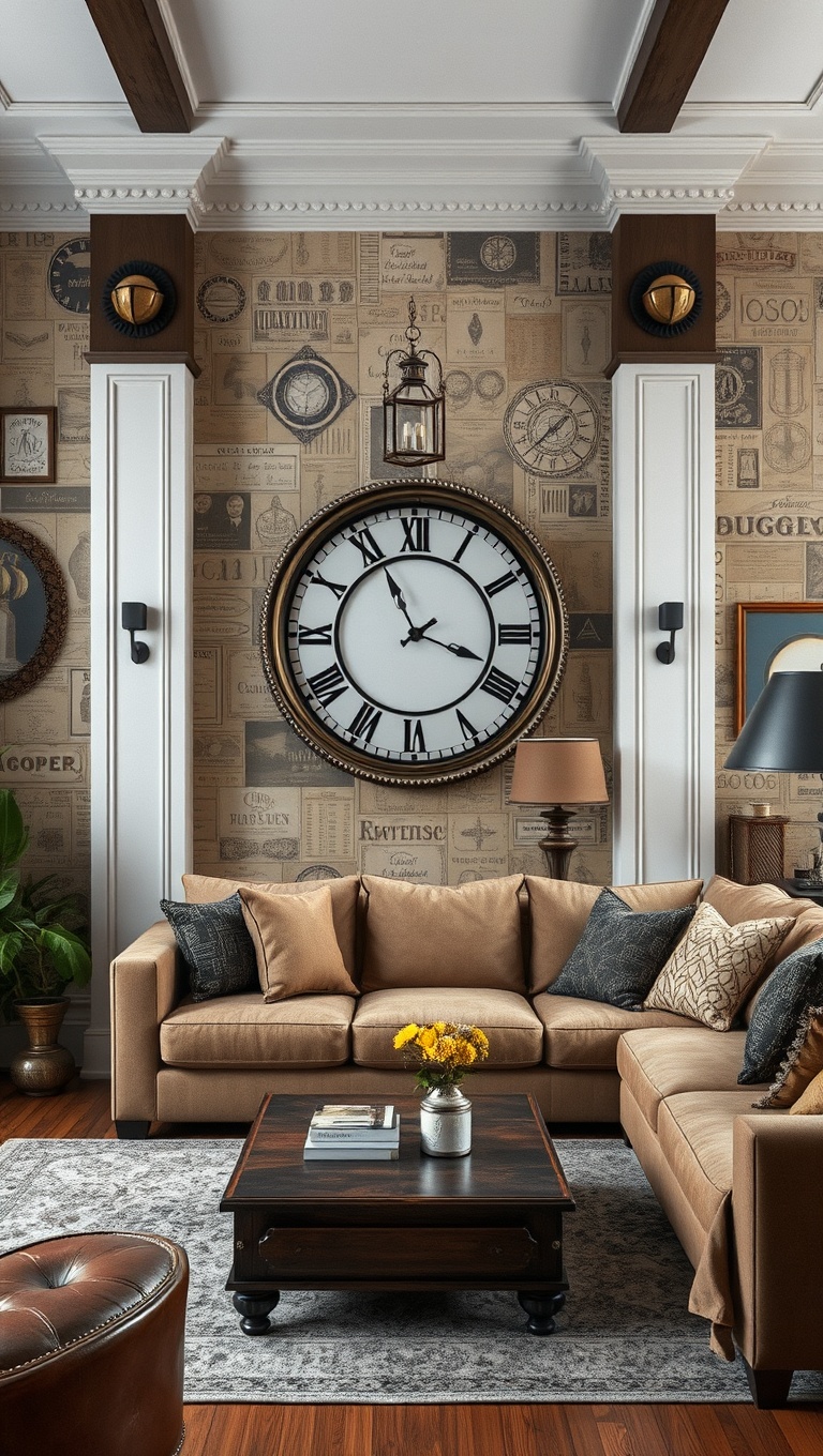 25 Whimsical Ideas to Steampunk Your Living Room - 24. Accent Walls with Vintage Wallpaper