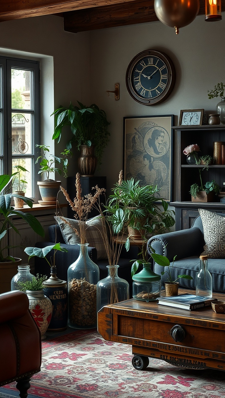 25 Whimsical Ideas to Steampunk Your Living Room - 20. Botanical Elements in Vintage Containers