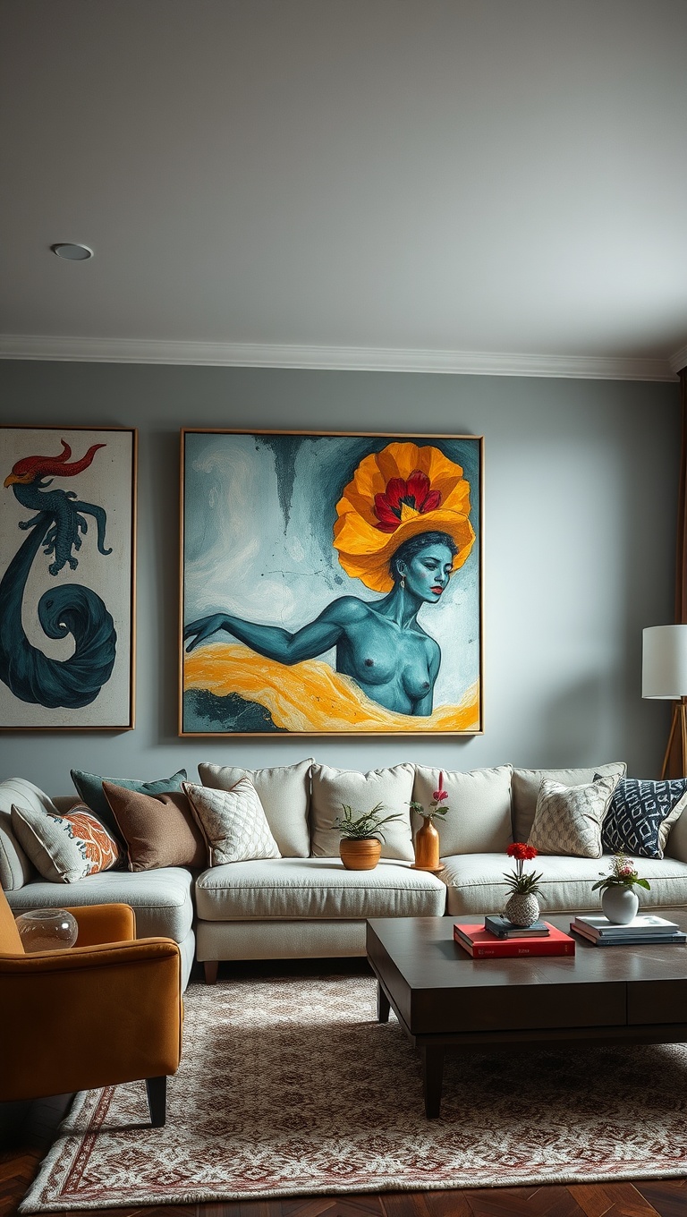 25 Fun and Creative Ideas to Transform Your Ugly Living Room - 14. Artwork with Impact: Large, Eye-Catching Pieces