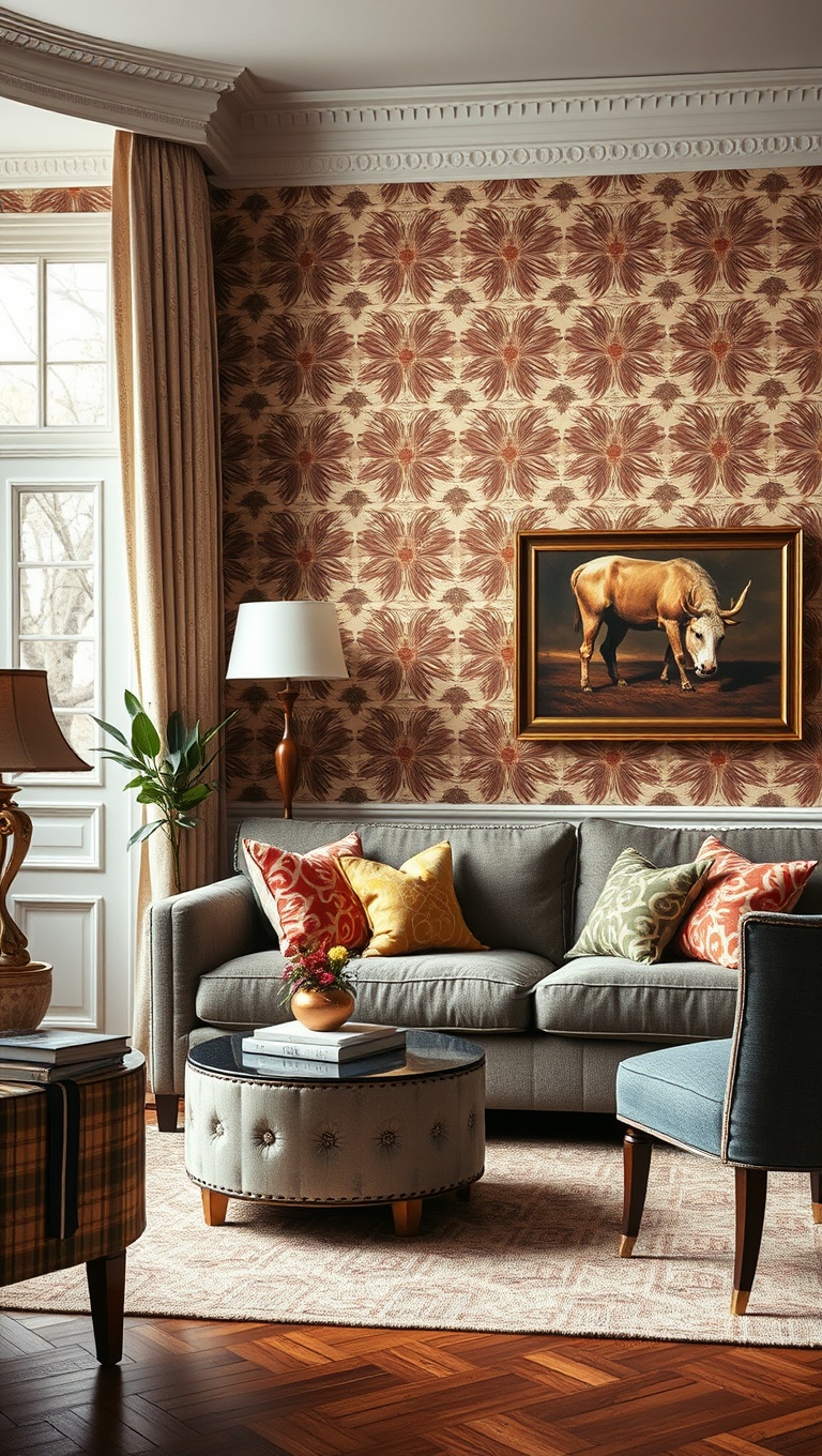 25 Charming Ideas to Create Your Vintage Living Room Oasis - 5. Bold Wallpaper: Make a Statement with Patterns