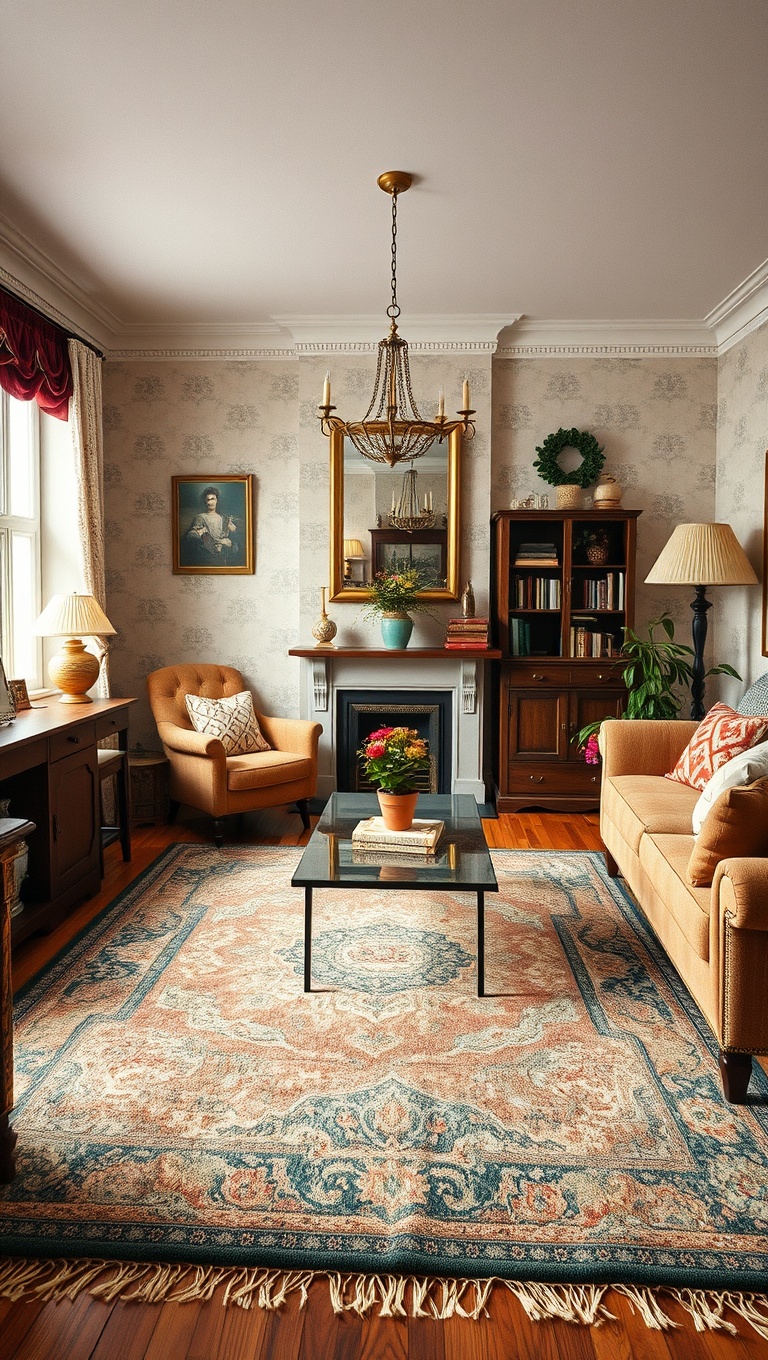 25 Charming Ideas to Create Your Vintage Living Room Oasis - 6. Classic Rugs: Soft Textures Under Your Feet