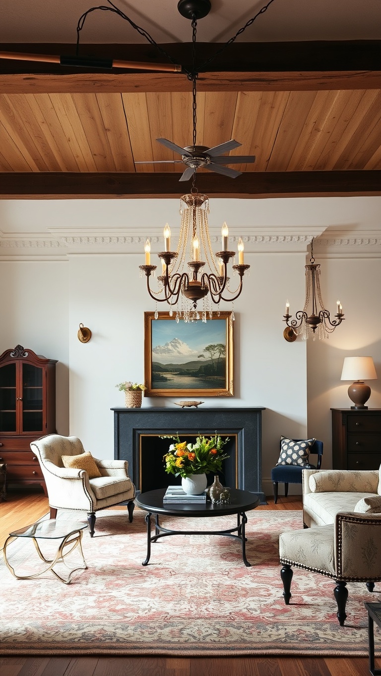 25 Charming Ideas to Create Your Vintage Living Room Oasis - 20. Elegant Chandeliers: Add a Dash of Glamour