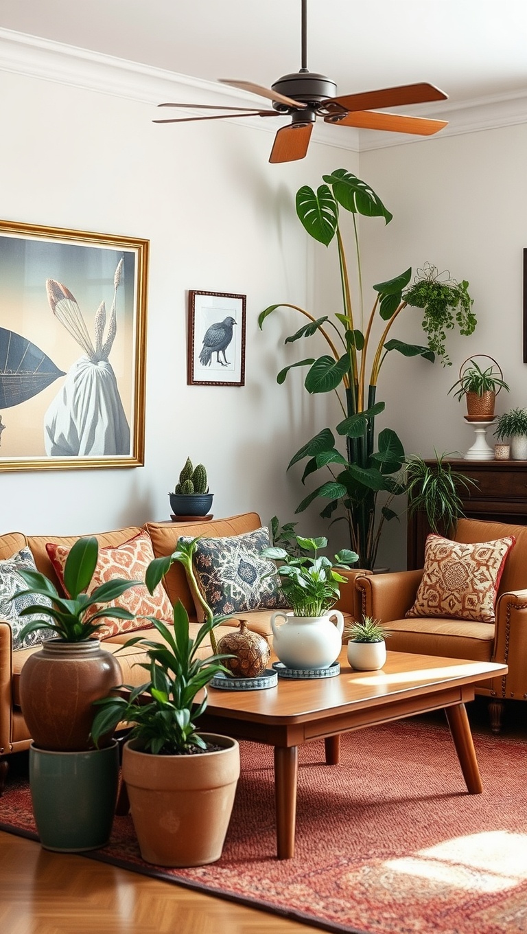 25 Charming Ideas to Create Your Vintage Living Room Oasis - 19. Vintage Plants and Planters: Natural Touches