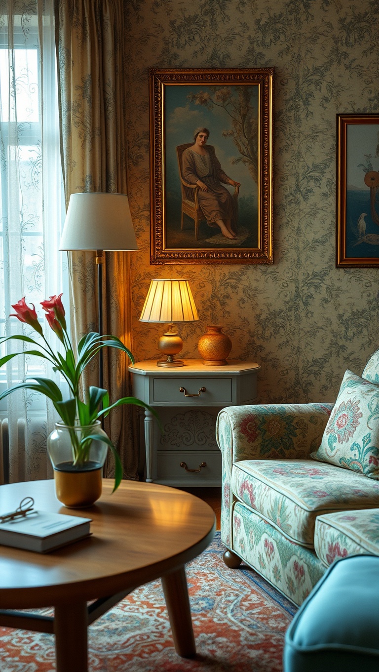 25 Charming Ideas to Create Your Vintage Living Room Oasis - 15. Vintage Prints and Textiles: Layer with Love