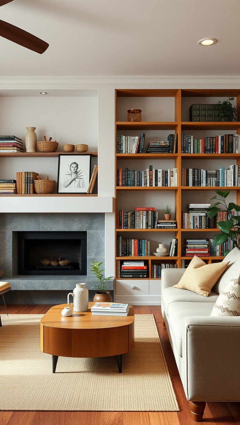 25 Cozy Ideas to Create a Warm Living Room Oasis - 16. Open Shelving: Showcasing Books and Treasures