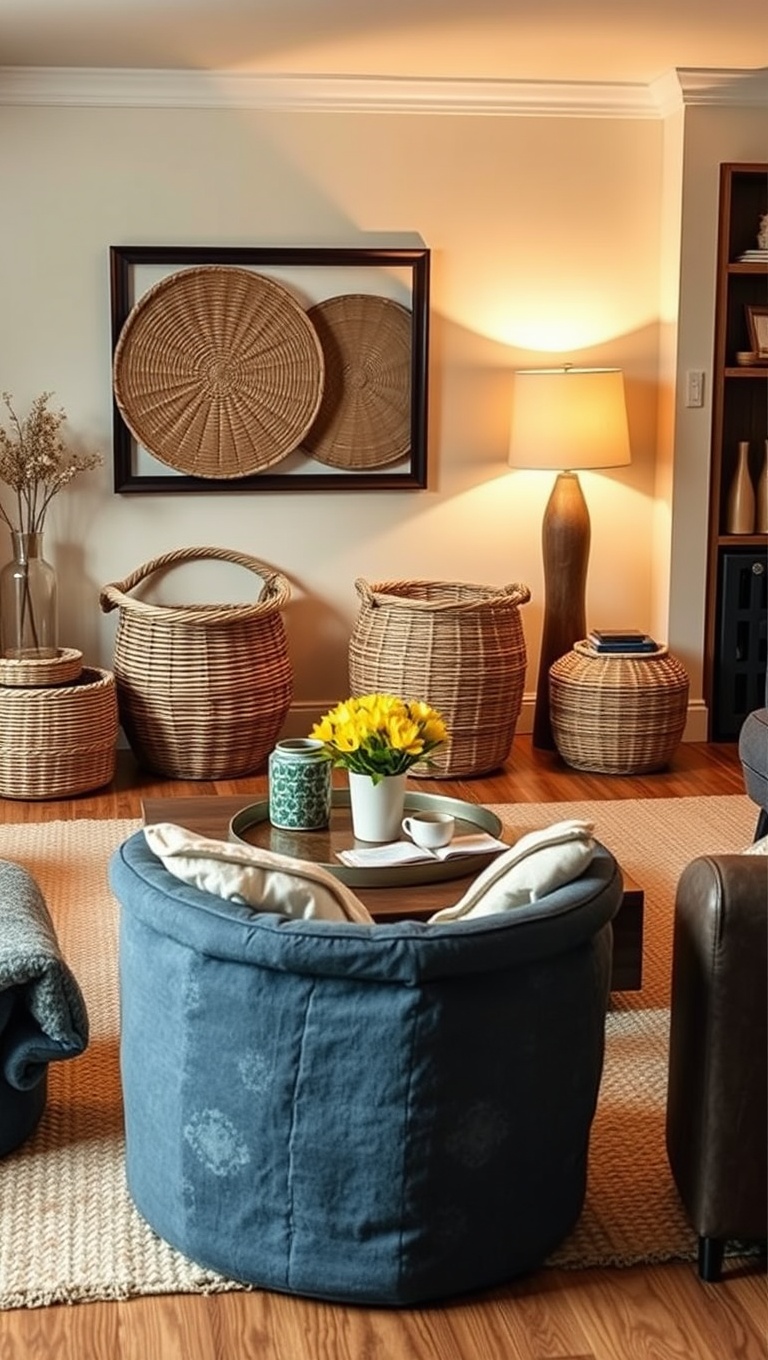 25 Cozy Ideas to Create a Warm Living Room Oasis - 19. Woven Baskets: Storage That Looks Great