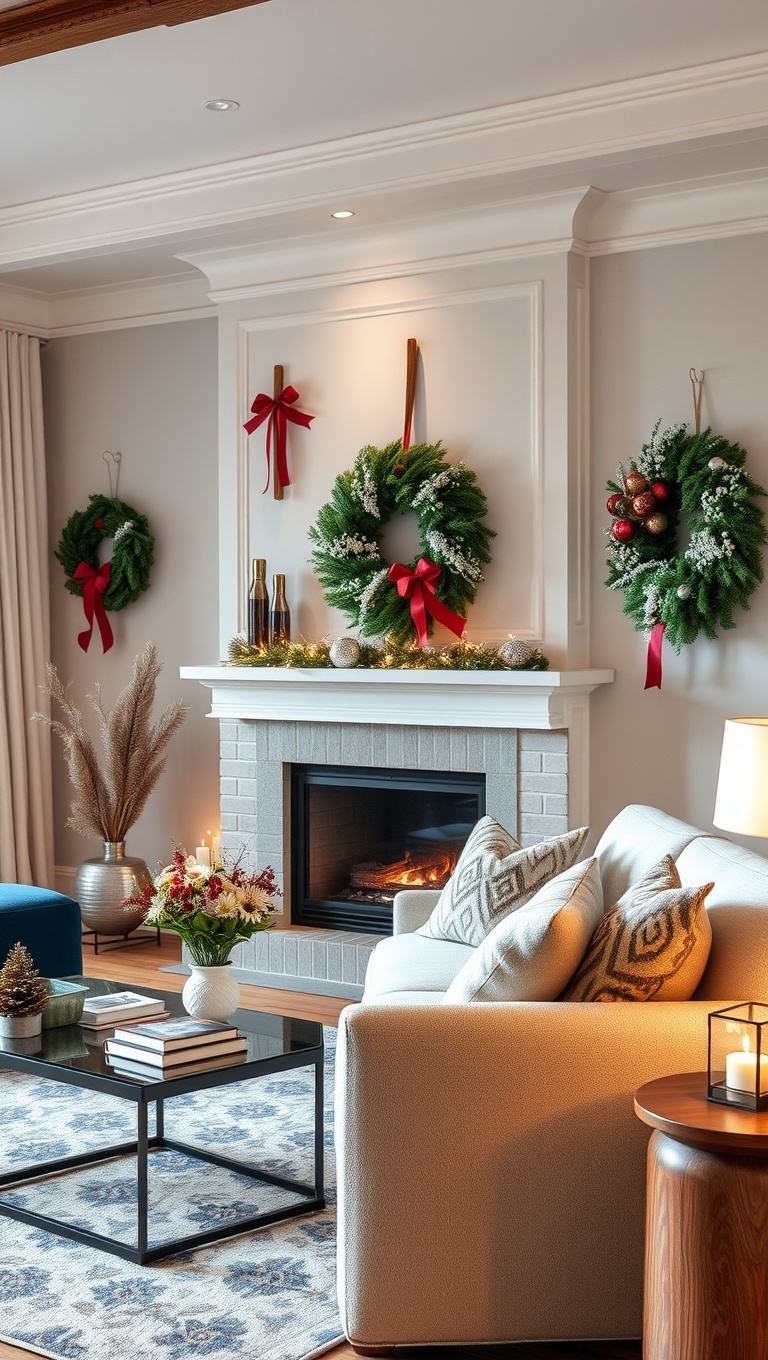25 Cozy Ideas to Transform Your Winter Living Room - 16. Hang Up Wreaths for a Festive Touch