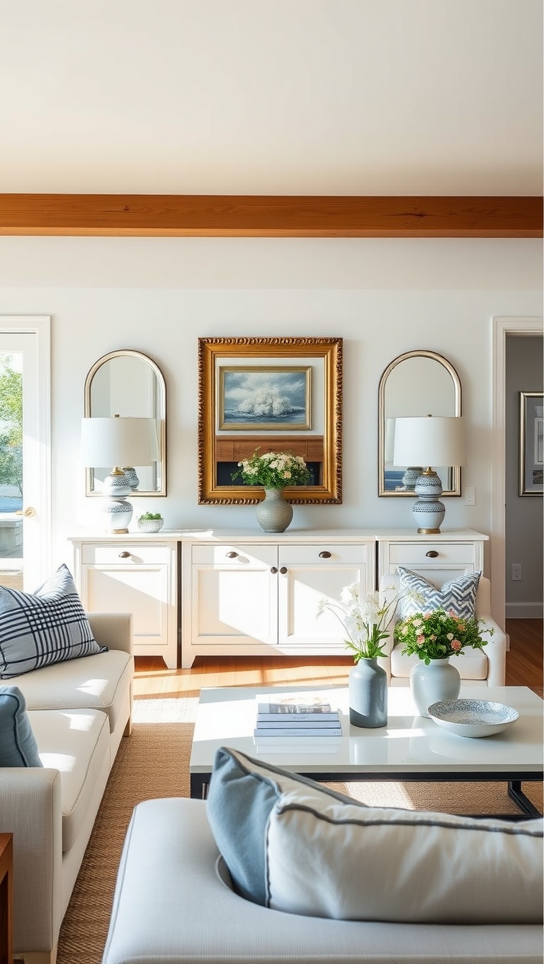 20 Breezy Ideas for Your Airy Coastal Living Room - 14. Use Mirrors to Reflect Light