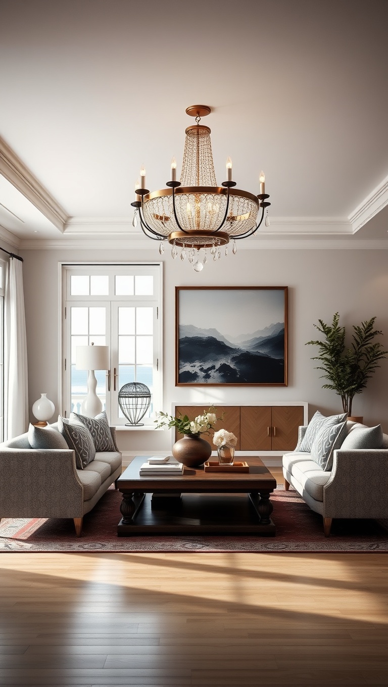 20 Breezy Ideas for Your Airy Coastal Living Room - 11. A Statement Chandelier for Elegance