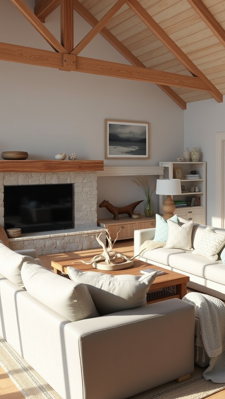 20 Breezy Ideas for Your Airy Coastal Living Room - 13. Incorporate Driftwood for a Rustic Charm